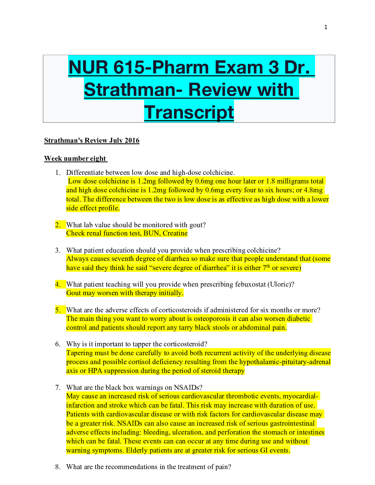 Preview of NUR 615-Pharm Exam 3 Dr. Strathman- Review with Transcript